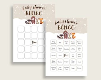 May include: A printable baby shower bingo card game with a woodland theme. The card features a brown background with white snowflakes and a row of woodland animals at the top. The bingo card has a free space in the center and 24 other spaces to be filled with items from the list below. The list includes items such as baby shampoo, bib, diaper bag, thermometer, memory book, bottle warmer, teddy bear, swaddle, lullaby, baby hat, pacifier, socks, car seat, baby spoon, baby shower, mobile, napkin, wash cloth, towel, rocking chair, baby cream, hooded towel, shoes, and rhymes.