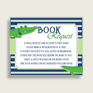 Alligator Baby Shower apporter un livre Insert imprimable, garçon bleu vert demande de livre, alligator livres pour bébé, livre au lieu de carte, ap002