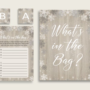 Snowflake Rustic Baby Shower What's In The Bag Game, White Beige Gender Neutral Bag Game Printable, Instant Download, Farmhouse Wood bsf01 image 1