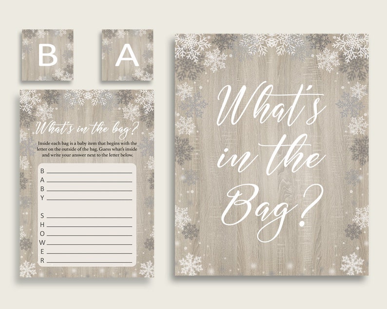 Snowflake Rustic Baby Shower What's In The Bag Game, White Beige Gender Neutral Bag Game Printable, Instant Download, Farmhouse Wood bsf01 image 1