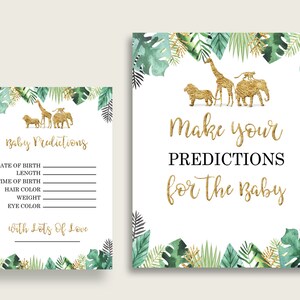 Cartes de prédiction de douche de bébé jungle & signe imprimable, jeu de prédiction de bébé vert or sexe neutre, téléchargement immédiat, animaux mignons EJRED