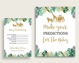 Jungle Baby Shower Prediction Cards & Sign Printable, Gold Green Baby Prediction Game Gender Neutral, Instant Download, Cute Animals EJRED