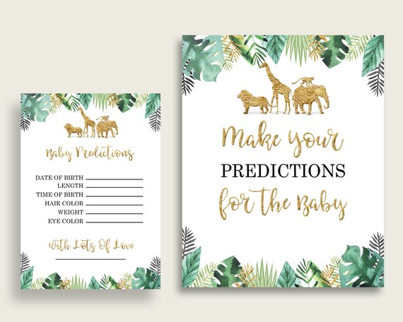 Jungle Baby Shower Prediction Cards & Sign Printable, Gold Green Baby Prediction Game Gender Neutral, Instant Download, Cute Animals EJRED Il_570xn