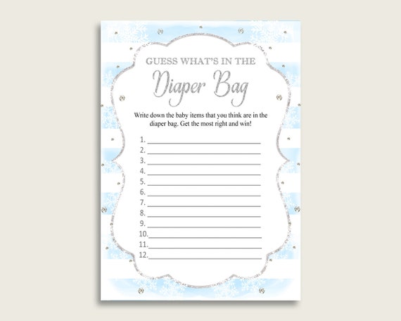 Winter Guess What s in the Diaper Bag Game Boy Baby Shower Silver