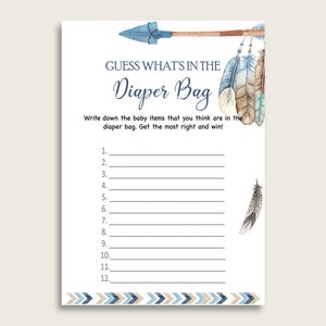 Tribal Arrows Guess What&#39;s In The Diaper Bag Game, Boy Baby Shower Blue Beige Diaper Game Printable, Instant Download, Bohemian Arrow, QAQ18