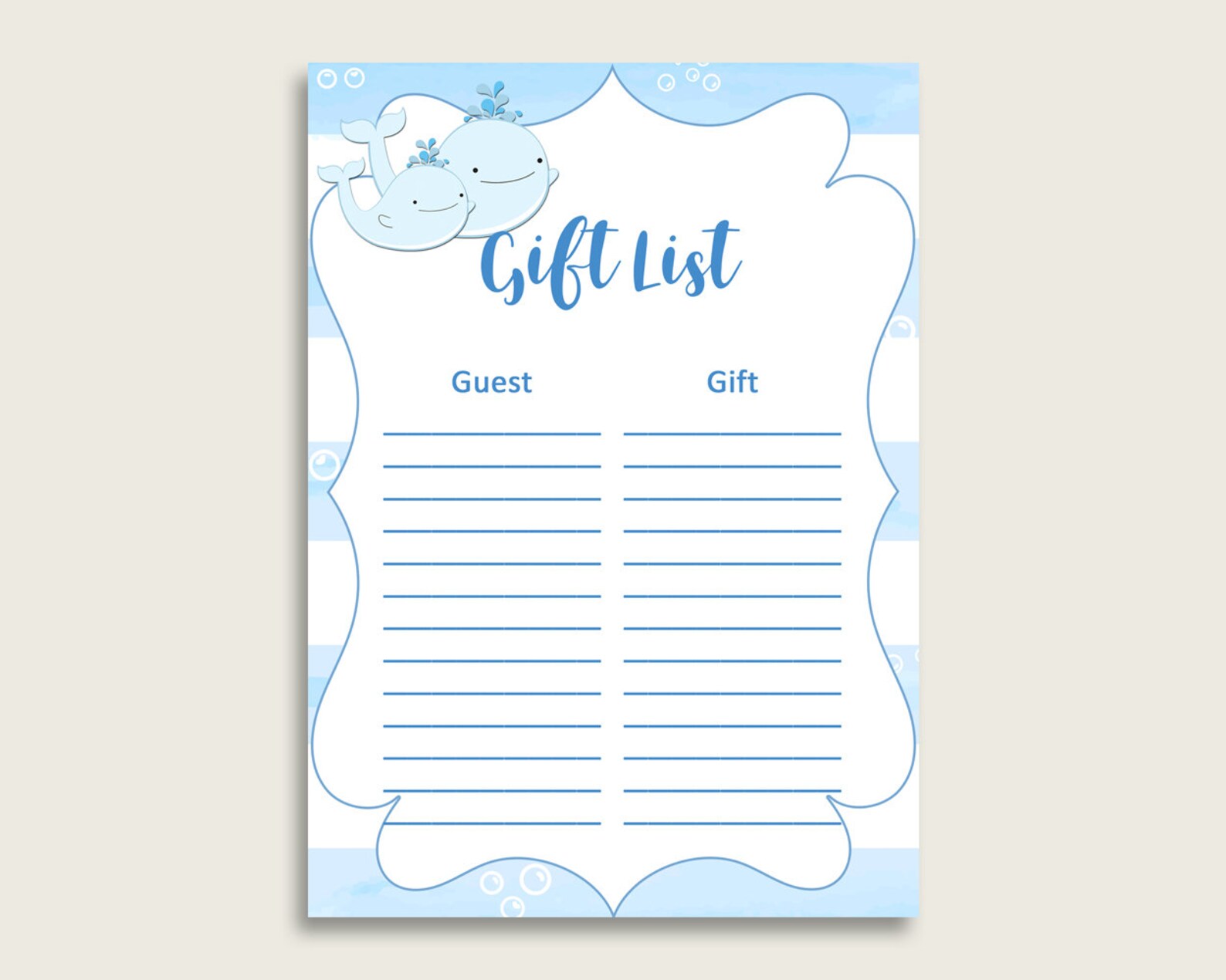 Whale Baby Shower Gift List Blue White Gift List Printable Etsy