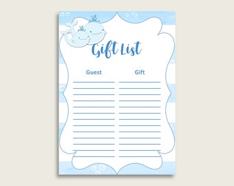Whale Baby Shower Gift List, Blue White Gift List Printable, Boy Baby Shower Gift Checklist Sheet, Instant Download, Nautical Sea wbl01