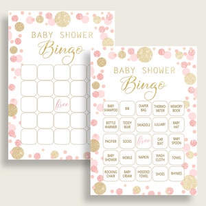 Dots Baby Shower Bingo Kaarten Afdrukbaar, Roze Goud Baby Douche Meisje, 60 Voorgevulde Bingo Game Cards, Blush Roze Glitter Baby Sprinkle RUK83