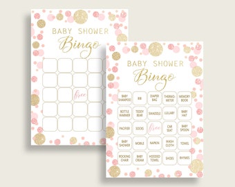 Dots Baby Shower Bingo Cards Printable, Pink Gold Baby Shower Girl, 60 Prefilled Bingo Game Cards, Blush Pink Glitter Baby Sprinkle RUK83