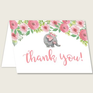 Roze grijze dank u kaarten afdrukbare, roze olifant baby shower dank u notities, meisje douche dank u gevouwen, Instant Download, ep001