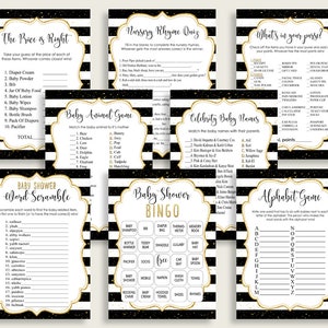 Stripes Baby Shower Games Printable Pack, Baby Shower Gender Neutral, White Black Gold Games Bundle Set, Digital or Printed, bs001