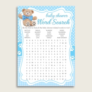Teddy Bär Wortsuchspiel, blau braun Baby Shower Wortsuchkarten druckbare, Junge Baby Shower Aktivitäten, versteckte Wörter, Instant tb001