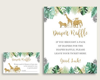 Juego de boletos para la rifa de pañales Jungle Baby Shower, inserción de tarjeta de rifa de pañales verde dorado neutro de género y signo imprimible, EJRED instantáneo