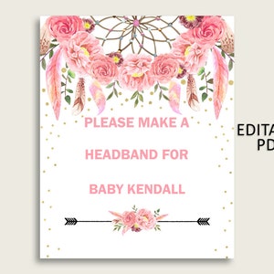 Dreamcatcher Baby Shower Headband Sign, Pink Gold Headband Station Sign Editable, Girl Shower Headband For Baby, Instant Download, I60OO