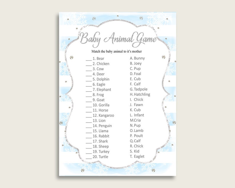 Winter Name The Baby Animals Game Printable, Silver Blue Baby Shower Animal Game, Boy Baby Shower, Instant Download, Cold Outside, bs003 image 1