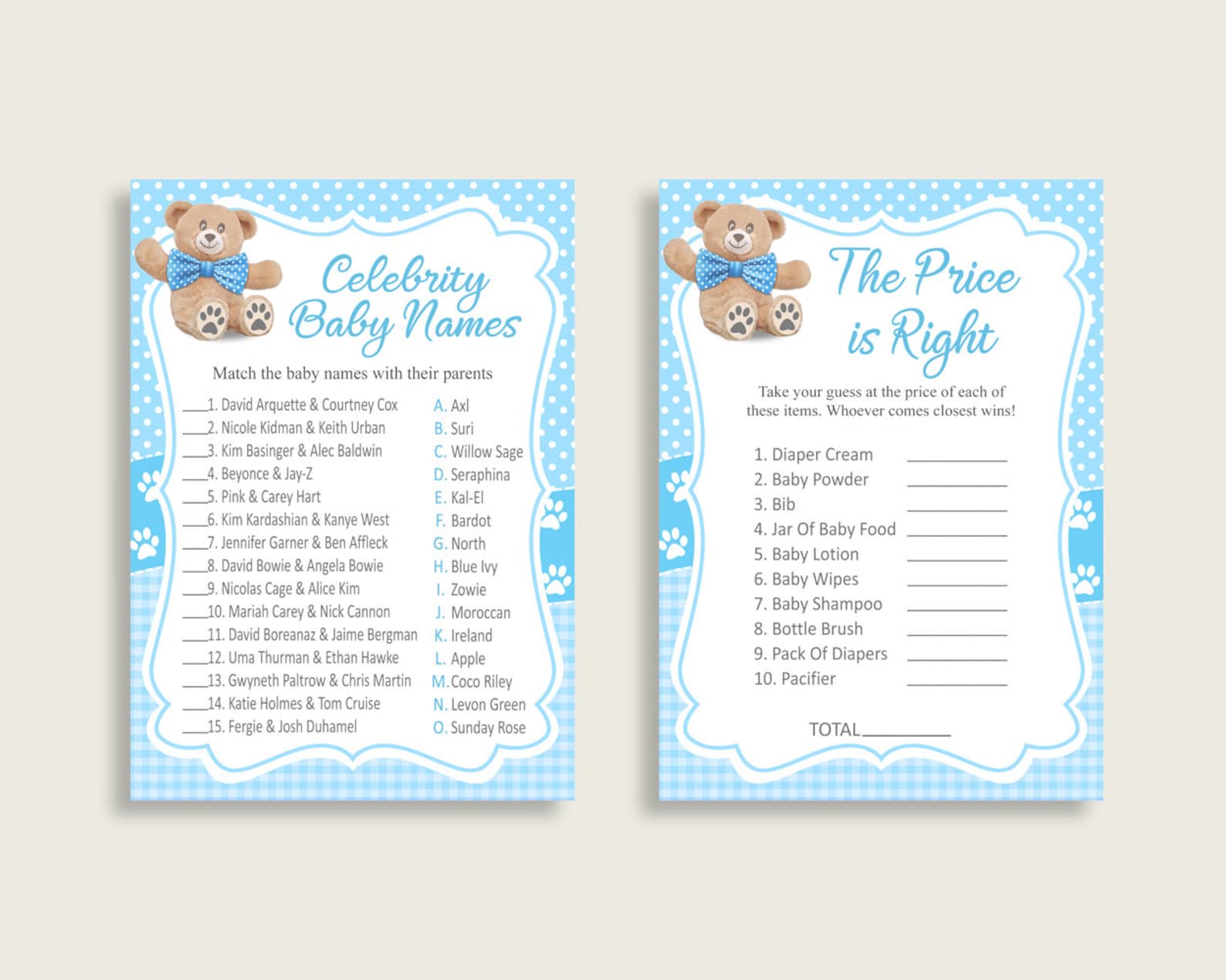 Teddy Bear Baby Shower Games Printable Pack Blue Brown Baby - Etsy