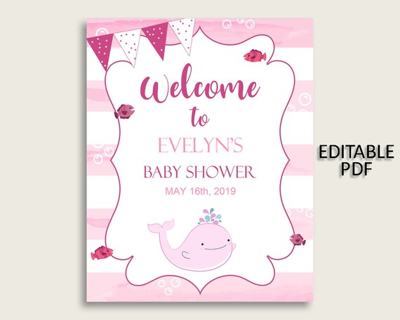 Welcome Sign Baby Shower Welcome Sign Pink Whale Baby Shower Welcome Sign Baby Shower Pink Whale Welcome Sign Pink White sea animals wbl02 Il_570xn