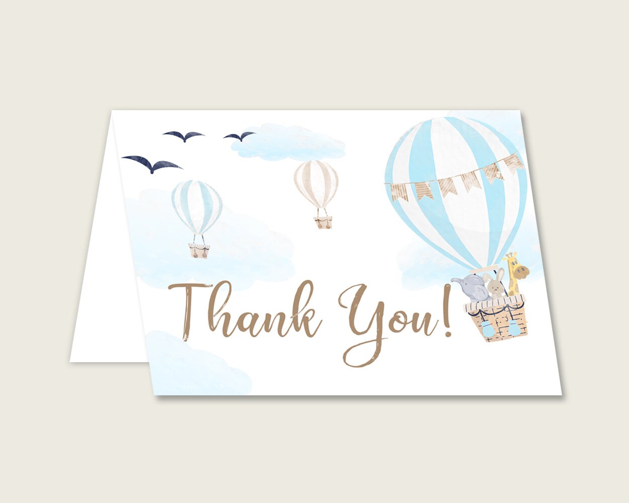 Blue White Thank You Cards Printable, Hot Air Balloon Baby Shower Thank You Notes, Boy Shower Thank You Folded, Instant Download, CSXIS