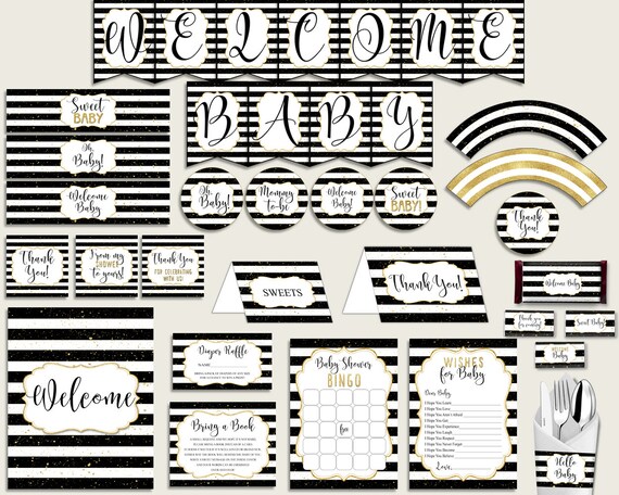 Black Gold Baby Shower Decorations Gender Neutral Kit, Stripes Baby Shower Party Package Printable, Instant Download, Elegant Classic bs001 Il_570xn