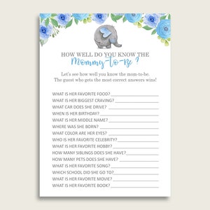 Blue Gray How Well Do You Know Mommy Game, Elephant Blue Baby Shower Boy, Who Knows Mommy Best Printable, Cute Elephant Flowers ebl01