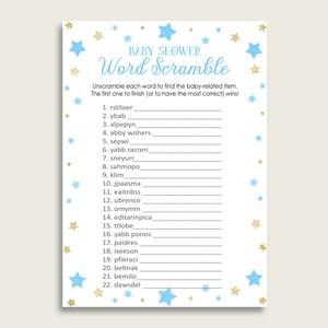 Boy Baby Shower Word Scramble Game Printable, Cute Stars Blue Gold Word Scramble, Funny Activity, Instant Download, Moon Glitter Stars bsr01