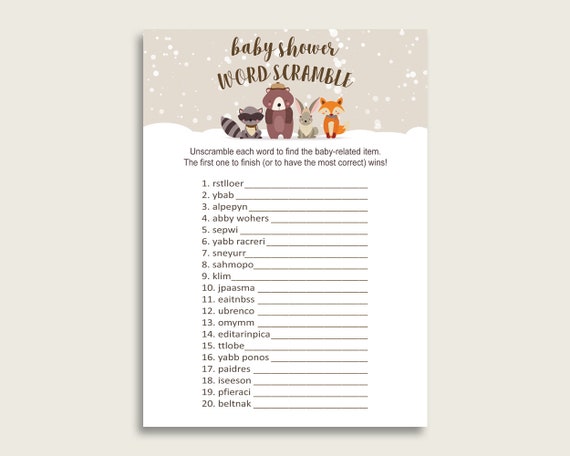 Gender Neutral Baby Shower Word Scramble Game Printable, Cute Winter Woodland Beige Brown Word Scramble, Funny Activity, Instant RM4SN Il_570xn