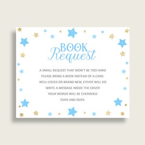 Stars Baby Shower Apportez un insert de livre imprimable, Demande de livre Boy Blue Gold, Livres étoiles pour bébé, Livre au lieu de carte, Little Star bsr01