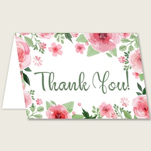 Biglietti di ringraziamento rosa verde stampabili, fiori ad acquerello Baby Shower note di ringraziamento, ragazza doccia grazie piegato, download istantaneo, flp01