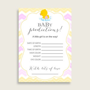 Rubber Ducky Baby Shower Prediction Cards & Sign Printable, Yellow Pink Baby Prediction Game Girl, Instant Download, Rubber Duck rd001 image 3