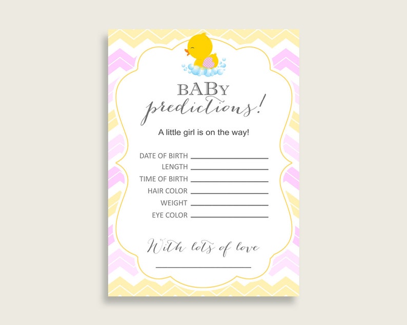 Rubber Ducky Baby Shower Prediction Cards & Sign Printable, Yellow Pink Baby Prediction Game Girl, Instant Download, Rubber Duck rd001 image 3