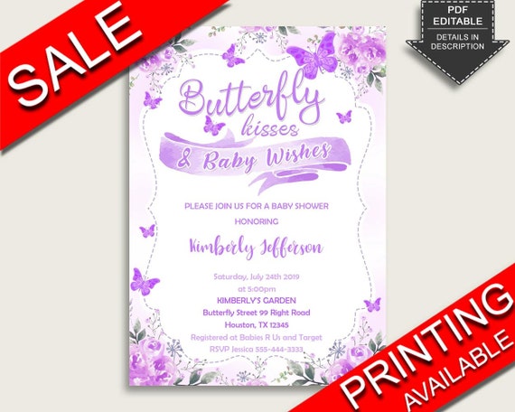 Butterfly Baby Shower Invitations Printable, Digital Or Printed Invitation Baby Shower Girl, Editable Invitation Purple White 7AANK Il_570xn
