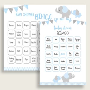 Elephant Baby Shower Bingo Cards Printable, Blue Grey Baby Shower Boy, 60 Prefilled Bingo Game Cards, Most Popular Mammoth Trunk ebl02 image 2
