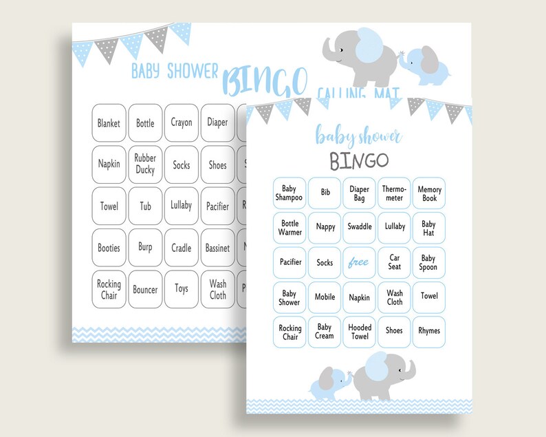 Elephant Baby Shower Bingo Cards Printable, Blue Grey Baby Shower Boy, 60 Prefilled Bingo Game Cards, Most Popular Mammoth Trunk ebl02 image 2