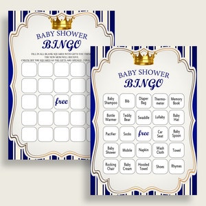 Royal Prince Baby Shower Bingo Cards Printable, Blue Gold Baby Shower Boy, 60 Prefilled Bingo Game Cards, King Gold Crown King Crown rp001
