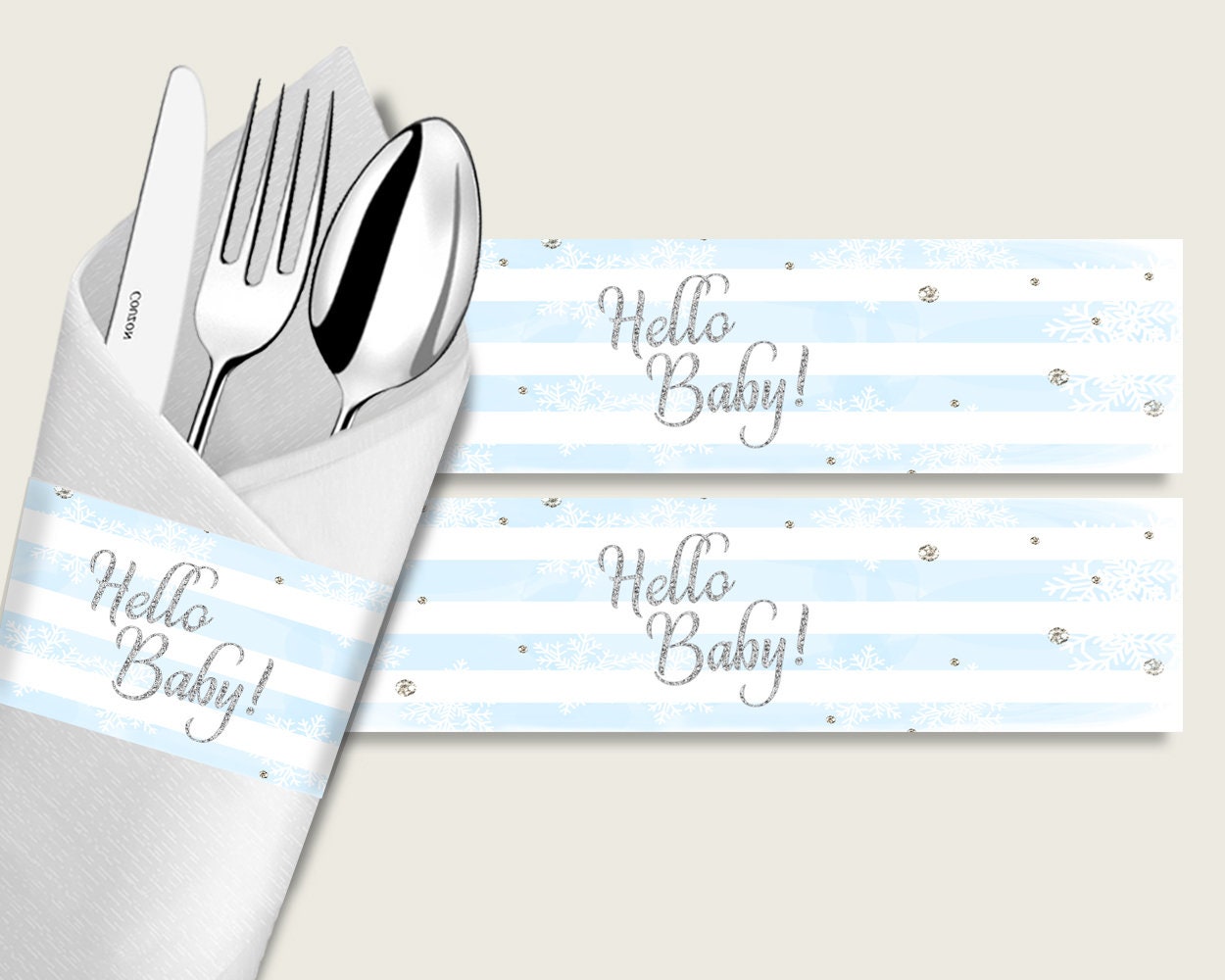 Winter Baby Shower Napkin Rings Printable Silver Blue Napkin Wrappers Boy Shower Utensils Wrap Instant Download Stripes bs003