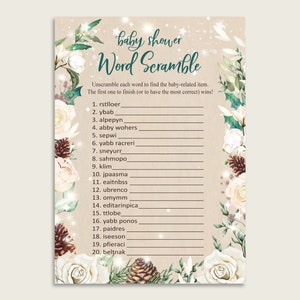 Geschlecht Neutral Baby Shower Word Scramble Spiel zum ausdrucken, süße Winter rustikal Beige Wort Scramble, lustige Aktivität, Instant Download, 3RBC2