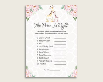 May include: A printable baby shower game with a giraffe illustration and pink floral accents. The game is called "The Price Is Right" and asks players to guess the price of various baby items.