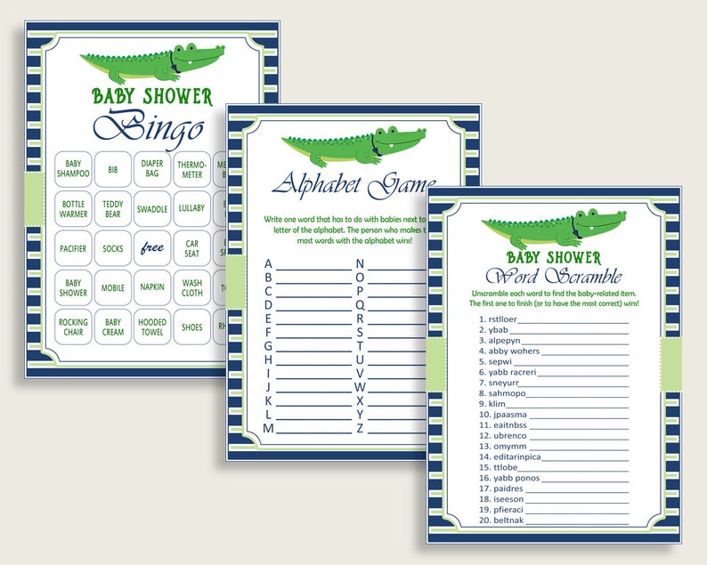 Alligator Baby Shower Games Printable Pack, Blue Green Baby Shower Games Package Boy, Alligator Games Bundle Set, Instant Download ap002 image 2