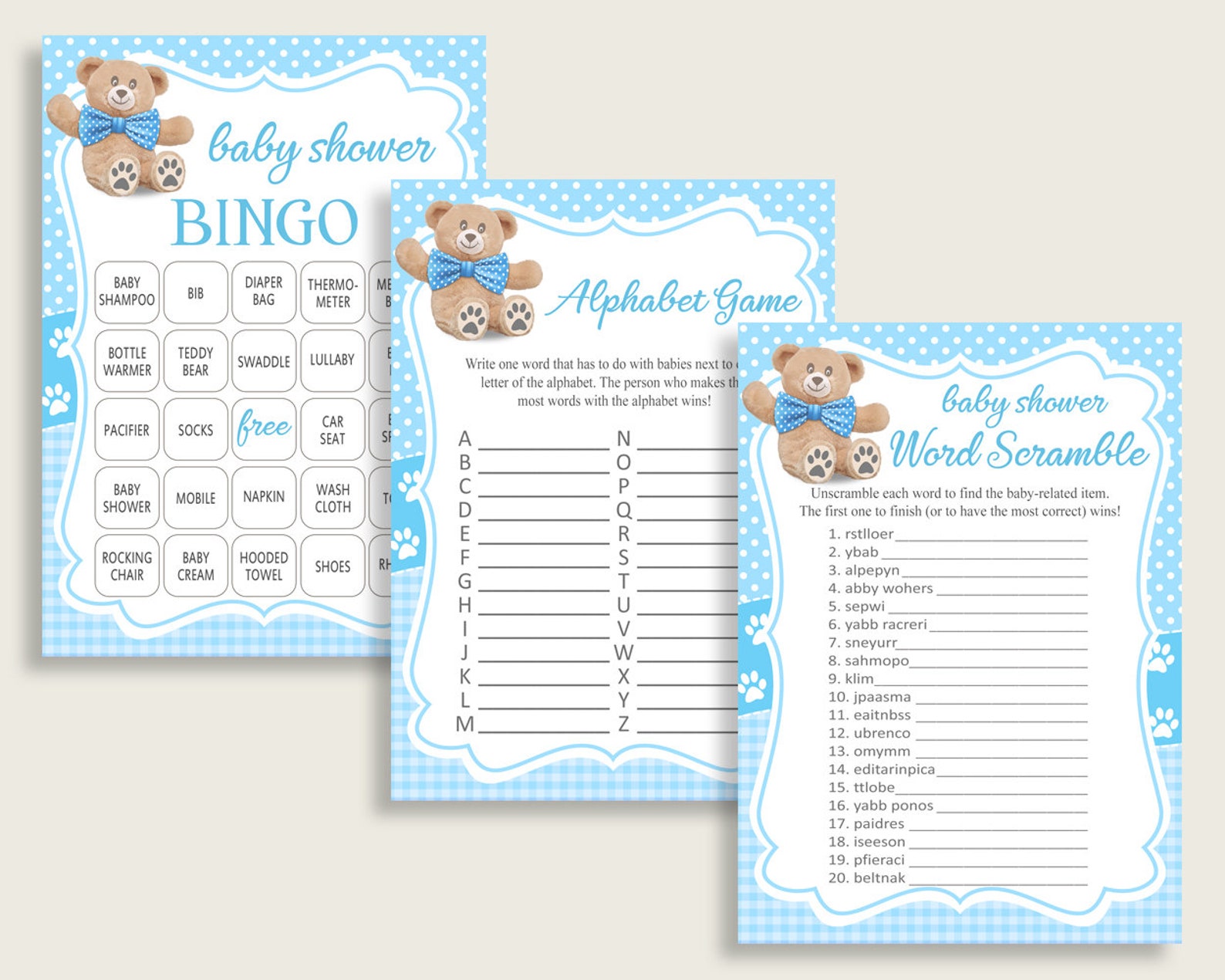 Teddy Bear Baby Shower Games Printable Pack Blue Brown Baby - Etsy