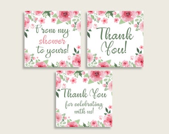 Puede incluir: Tres tarjetas cuadradas de agradecimiento con un diseño floral. Las tarjetas tienen el texto "From my shower to yours!" "Thank You!" y "Thank You for celebrating with us!"