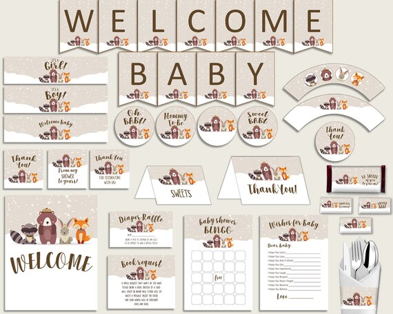 Beige Brown Baby Shower Decorations Gender Neutral Kit Winter Woodland Baby Shower Party Package Printable Instant Download Rm4sn By Creative Digital Arts Catch My Party