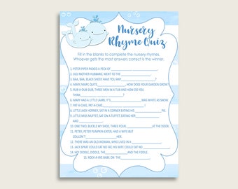 Whale Nursery Rhyme Quiz Printable, Blue White Nursery Rhyme Game, Blue White Baby Shower Boy Activities, Instant Download, Light Blue wbl01
