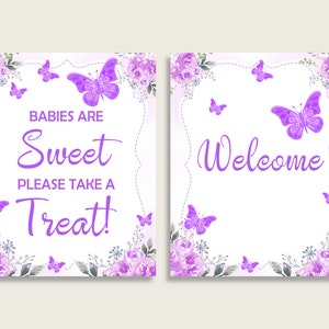 Butterfly Baby Shower Girl Table Signs Imprimible, Purple White Party Table Decor, Favors, Comida, Bebida, Golosina, Libro de visitas, Instant 7AANK imagen 3