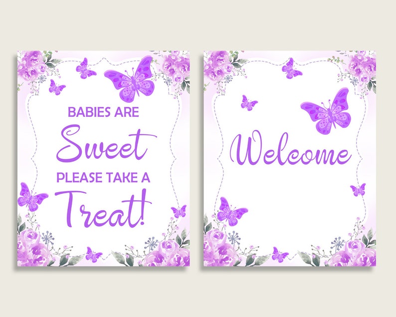 Butterfly Baby Shower Girl Table Signs Imprimible, Purple White Party Table Decor, Favors, Comida, Bebida, Golosina, Libro de visitas, Instant 7AANK imagen 3