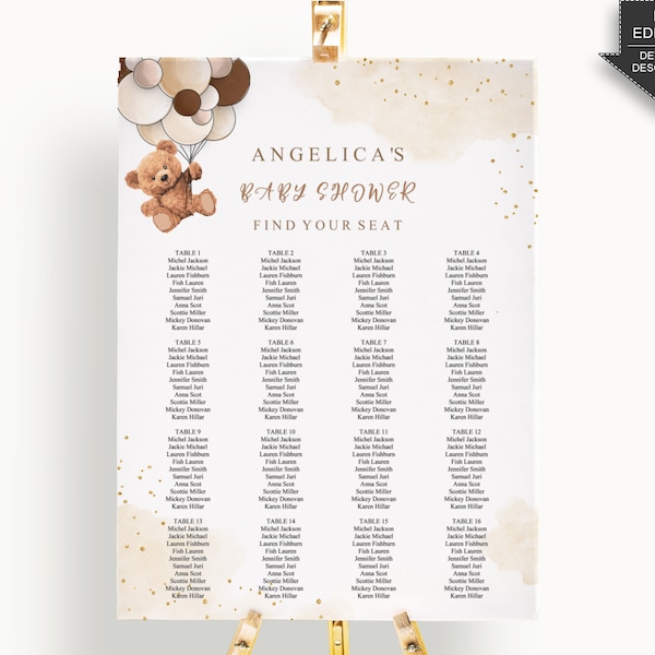 Beige Brown Table Seating Chart Sign Printable, Seating Chart Board, Find Your Seat, Teddy Bear Baby Shower Gender Neutral, Instant bsh01