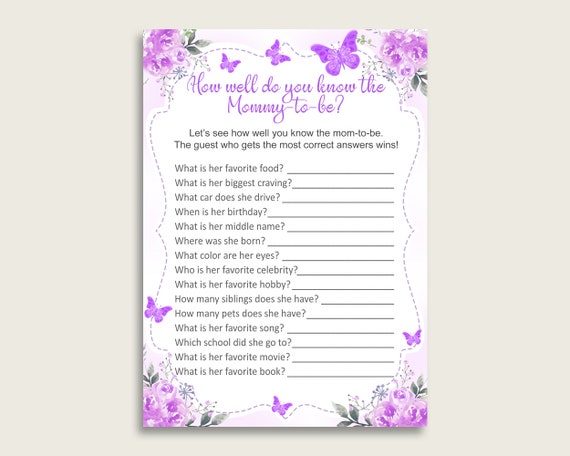 Purple White How Well Do You Know Mommy Game, Butterfly Baby Shower Girl, Who Knows Mommy Best Printable, Floral Garden Lavender 7AANK Il_570xn