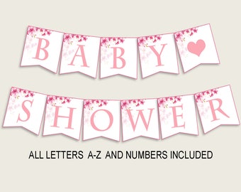 Cherry Blossom Baby Shower Banner All Letters, Birthday Party Banner Printable A-Z, Pink White Banner Decoration Letters Girl, 5MQ8W