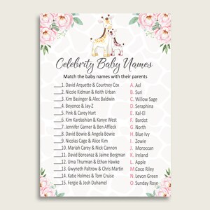 Pink Yellow Celebrity Baby Names, Giraffe Baby Shower Girl Name Game Printable, Celebrity Match Game, Famous Babies Game, Celebrity sa001