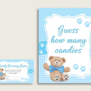 Blue Brown Candy Guessing Game, Teddy Bear Baby Shower Boy Sign And Cards, Guess How Many Candies, Candy Jar Game, Jelly Beans tb001