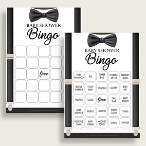 Little Man Baby Shower Bingo Kaarten Afdrukbaar, Zwart Beige Baby Douche Jongen, 60 Voorgevulde Bingo Game Cards, Bodysuit Little Guy lm001